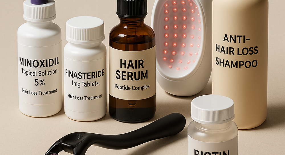 Best hair loss products in 2025 including minoxidil, finasteride, serum, LED device, shampoo, derma roller, and biotin pills neatly displayed on a beige background.